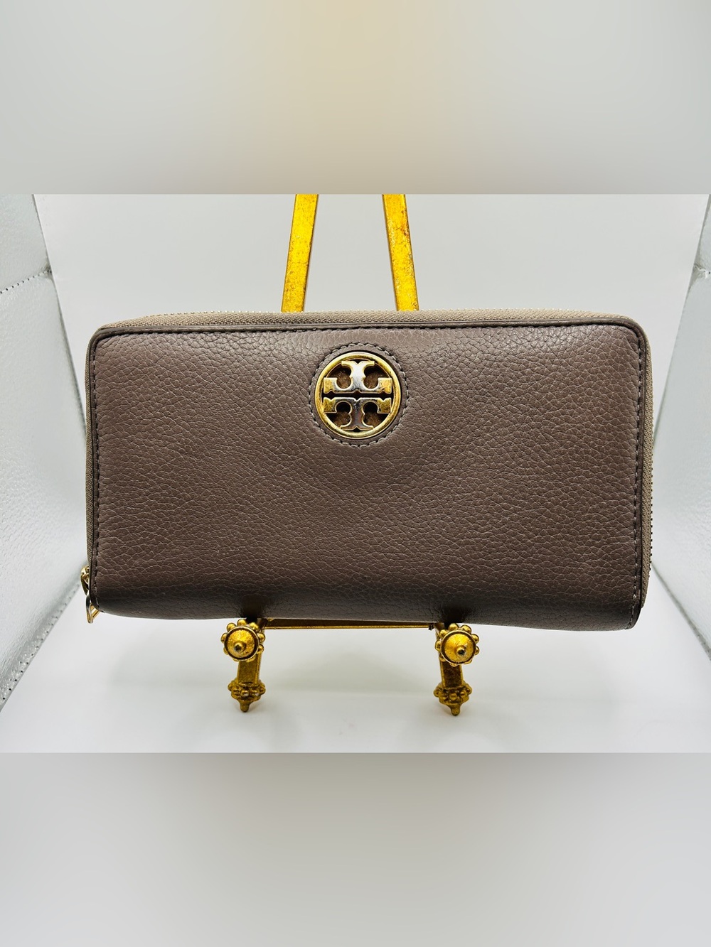 Tory Burch Taupe Pebbled Leather Zip Around Wallet with Gold Logo VGC
